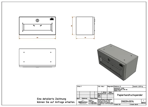 DREILICH Sirius II Papierhandtuchspender 9120105 f�r die verdeckte Untertischmontage mit Zylinderschloss (2002040014)