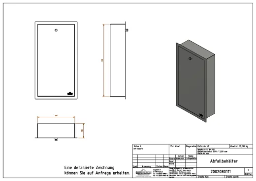 DREILICH Sirius II Hygiene-Abfallbeh�lter 9110108 zur verdeckten Unterputzmontage mit Klappt�r Fassungsverm�gen ca. 8 Liter (2002080111)