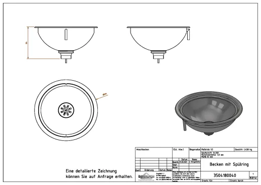 DREILICH Spuckbecken mit Sp�lring SA98O Rundbecken Edelstahl matt geb�rstet ohne �berlauf (3504180040)