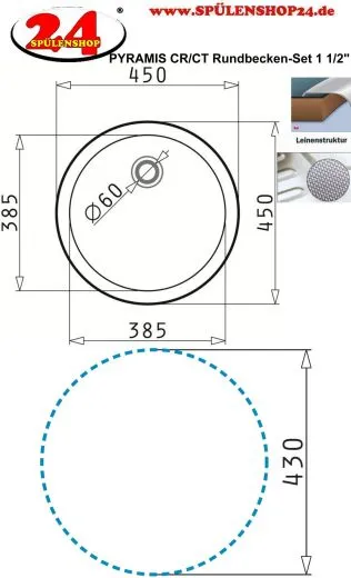 PYRAMIS Kchensple Splenset CR/CT (38,5x15) Einbausple / Edelstahlsple Leinenoptik Ablauf mit Gummistopfen 1 1/2"