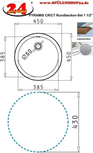 PYRAMIS Kchensple Splenset CR/CT (38,5x15) Einbausple / Edelstahlsple Leinenoptik Ablauf mit Gummistopfen 1 1/2"