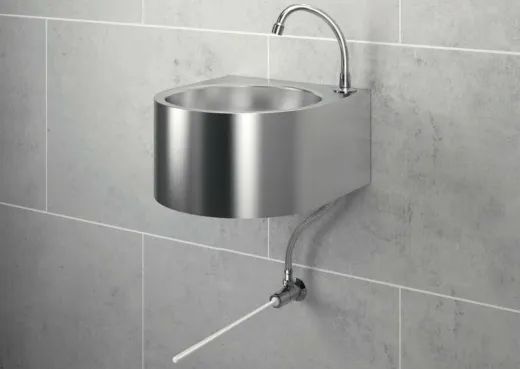DELABIE Aquarotter Handwaschbecken SXL auf S�ule Edelstahl satiniert fugenlos eingepresstes Rundbecken mit Selbstschlussarmatur und Fu�bet�tigung Ohne �berlauf (180300)