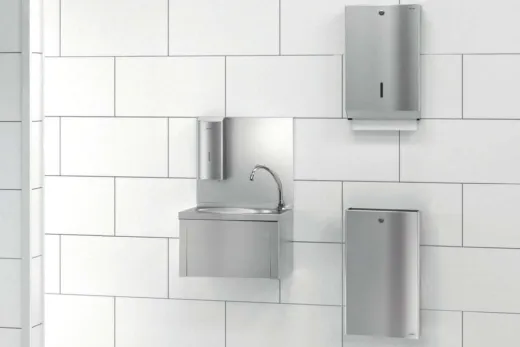 DELABIE Aquarotter Handwaschbecken SXL auf S�ule Edelstahl satiniert fugenlos eingepresstes Rundbecken mit Selbstschlussarmatur und Fu�bet�tigung Ohne �berlauf (180300)