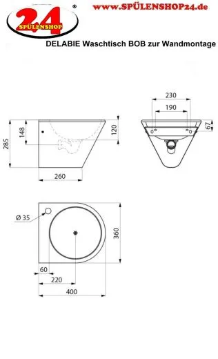 DELABIE Aquarotter Einzelwaschtisch BOB Edelstahl satiniert f�r Wandmontage fugenlos eingeschwei�tes Becken Armaturenbohrung �35mm ohne �berlauf (121130)