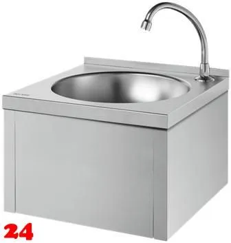DELABIE Aquarotter Handwaschbecken SXS Edelstahl satiniert fugenlos eingepresstes Rundbecken mit Selbstschlussarmatur und Kniebet�tigung Ohne �berlauf (182310)