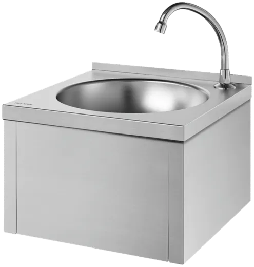 DELABIE Aquarotter Handwaschbecken SXS Edelstahl satiniert fugenlos eingepresstes Rundbecken mit Selbstschlussarmatur und Kniebet�tigung Ohne �berlauf (182310)