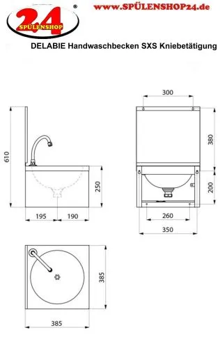 DELABIE Aquarotter Handwaschbecken SXS Edelstahl satiniert fugenlos eingepresstes Rundbecken mit Selbstschlussarmatur mit R�ckwand und Kniebet�tigung Ohne �berlauf (182320)