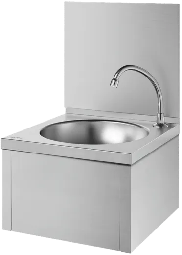 DELABIE Aquarotter Handwaschbecken SXS Edelstahl satiniert fugenlos eingepresstes Rundbecken mit Selbstschlussarmatur mit R�ckwand und Kniebet�tigung Ohne �berlauf (182320)