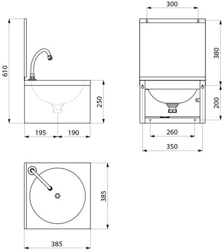 DELABIE Aquarotter Handwaschbecken SXS Edelstahl satiniert fugenlos eingepresstes Rundbecken mit Selbstschlussarmatur mit R�ckwand und Kniebet�tigung Ohne �berlauf (182320)