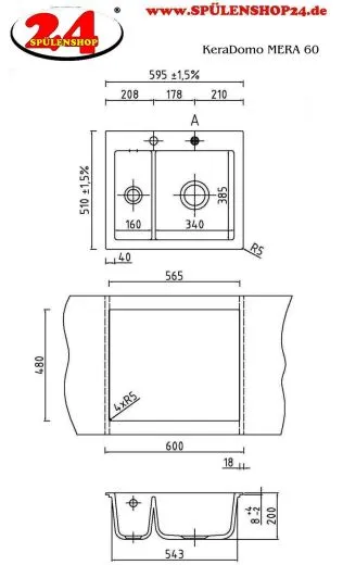 Systemceram KeraDomo MERA 60 Basic Keramiksple / Einbausple in Standardfarben fr die Kche