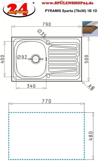 PYRAMIS Kchensple Sparta (79x50) 1B 1D Einbausple / Edelstahlsple Siebkorb als Drehknopfventil