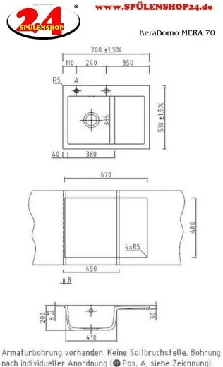 Systemceram KeraDomo MERA 70 Basic Keramiksple / Einbausple in Standardfarben fr die Kche