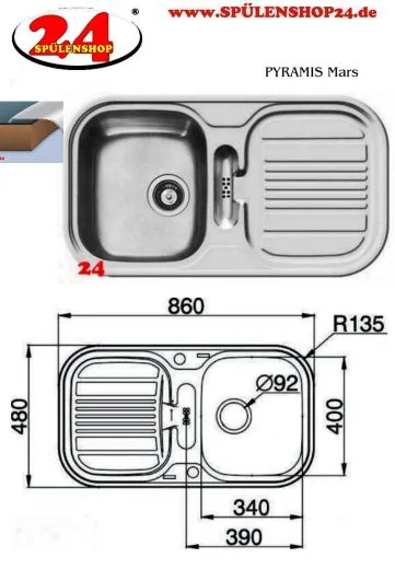 PYRAMIS Kchensple Mars (86x48) 1B 1D Einbausple / Edelstahlsple Siebkorb als Drehknopfventil