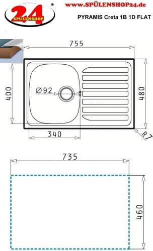 Pyramis Küchenspüle Creta 1B 1D Flat Einbauspüle / Edelstahlspüle Ablauf mit Stopfenventil ohne Hahnlochbohrung
