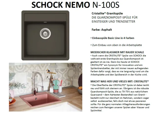 SCHOCK Kchensple Nemo N-100S Cristalite Granitsple / Einbausple Basic Line mit Drehexcenter