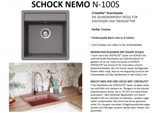 SCHOCK Kchensple Nemo N-100S Cristalite Granitsple / Einbausple Basic Line mit Drehexcenter