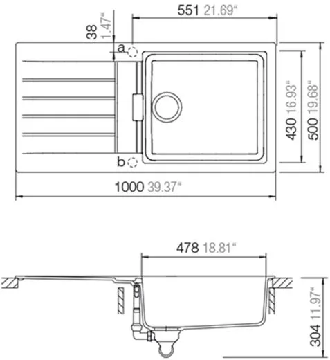 SCHOCK Kchensple Signus D-100L Cristadur Nano-Granitsple / Einbausple mit Drehexcenter