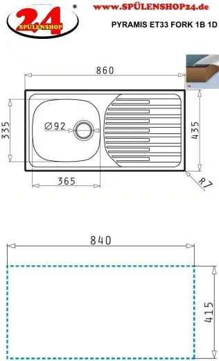 ✅ Pyramis Kchensple ET33 Fork (86x43,5) 1B 1D Einbausple / Edelstahlsple Ablauf mit Stopfenventil ohne Hahnlochbohrung