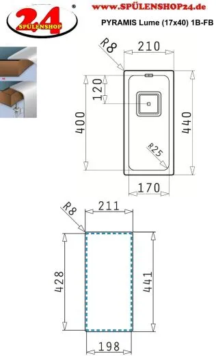 Pyramis Kchensple Lume (17x40) 1B Einbausple Flachrand / Flchenbndig Siebkorb als Stopfen- oder Drehknopfventil