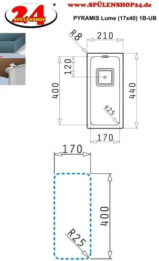 Pyramis Kchensple Lume (17x40) 1B Unterbausple mit Siebkorb als Stopfen- oder Drehknopfventil