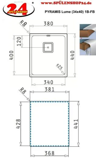 Pyramis Kchensple Lume (34x40) 1B Einbausple Flachrand / Flchenbndig Siebkorb als Stopfen- oder Drehknopfventil