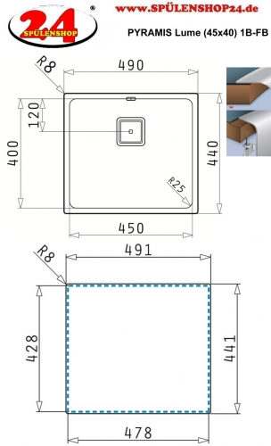 Pyramis Kchensple Lume (45x40) 1B Einbausple Flachrand / Flchenbndig Siebkorb als Stopfen- oder Drehknopfventil
