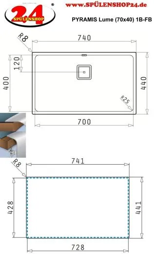Pyramis Kchensple Lume (70x40) 1B Einbausple Flachrand / Flchenbndig Siebkorb als Stopfen- oder Drehknopfventil