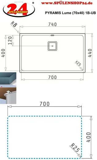 Pyramis Kchensple Lume (70x40) 1B Unterbausple mit Siebkorb als Stopfen- oder Drehknopfventil