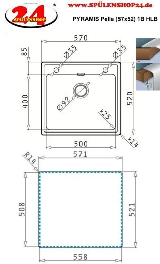 Pyramis Kchensple Pella (57x52) 1B HLB Einbausple Flachrand / Flchenbndig mit Drehknopfventil