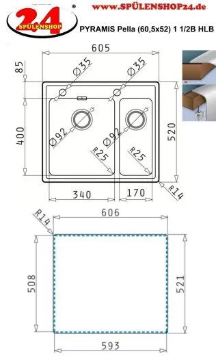 Pyramis Kchensple Pella (60,5x52) 1 1/2B HLB Einbausple Flachrand / Flchenbndig mit Drehknopfventil