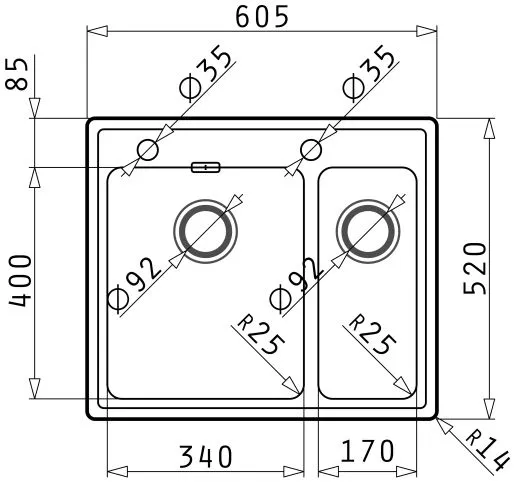 Pyramis Kchensple Pella (60,5x52) 1 1/2B HLB Einbausple Flachrand / Flchenbndig mit Drehknopfventil