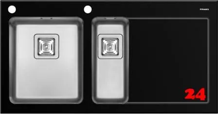 Pyramis Kchensple Crystalon (100x52) 1 1/2B 1D Schwarz LH Kombination aus Sicherheitsglas und Edelstahlbecken