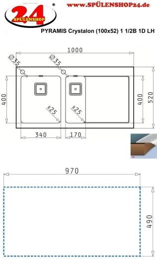 Pyramis Kchensple Crystalon (100x52) 1 1/2B 1D Schwarz LH Kombination aus Sicherheitsglas und Edelstahlbecken