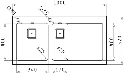 Pyramis Kchensple Crystalon (100x52) 1 1/2B 1D Schwarz LH Kombination aus Sicherheitsglas und Edelstahlbecken