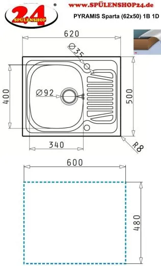 Pyramis Kchensple Sparta (62x50) 1B 1D Einbausple / Edelstahlsple Siebkorb als Drehknopfventil