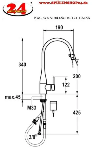 KWC Kchenarmatur EVE 10.121.102.700FL Einhebelmischer Edelstahl massiv mit Zugauslauf Griffposition auswhlbar mit LEDShine (121616)