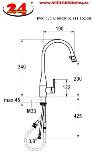 KWC Kchenarmatur EVE 10.111.102.000FL Einhebelmischer Chrom mit Zugauslauf Griffposition auswhlbar (121619)