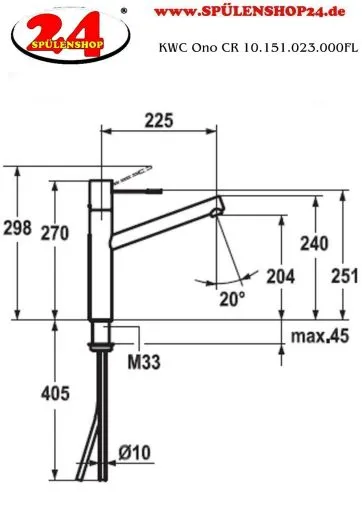 KWC Kchenarmatur Ono 10.151.023.000FL Einhebelmischer Chrom mit Festauslauf Bedienhebel aus Medizinstahl (121794)