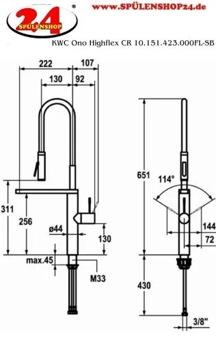 KWC Kchenarmatur Ono Highflex 10.151.423.000FL Einhebelmischer Chrom mit Pendelbrause Bedienhebel aus Medizinstahl (121753)