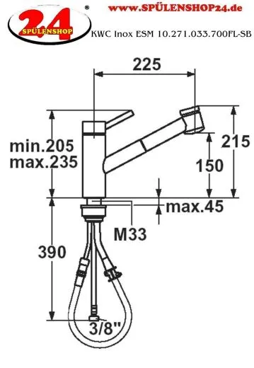 KWC Kchenarmatur Inox 10.271.033.700FL Einhebelmischer Edelstahl massiv mit Zugauslauf mit Brausefunktion (121505)