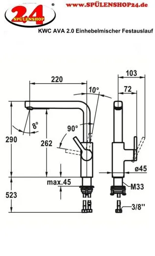 KWC Kchenarmatur Ava 2.0 10.461.012.000FL Einhebelmischer Chrom mit Festauslauf Griffposition rechts (125370)