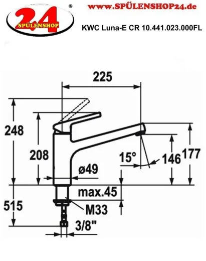 KWC Kchenarmatur Luna-E 10.441.023.000FL Einhebelmischer Chrom mit Festauslauf (123818)