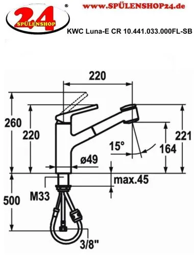 KWC Kchenarmatur Luna-E 10.441.033.000FL Einhebelmischer Chrom mit Zugauslauf und Brausefunktion (123820)