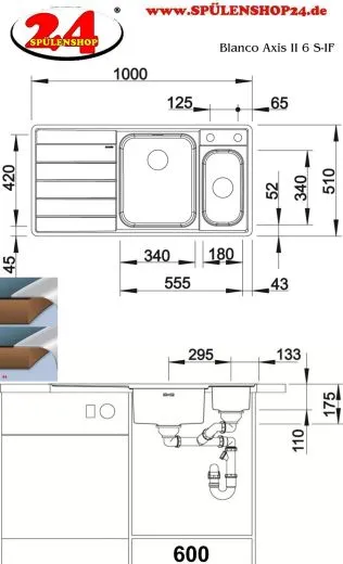 BLANCO Kchensple Axis III 6 S-IF Edelstahlsple / Einbausple Flachrand mit Ablaufsystem InFino und Drehknopfventil