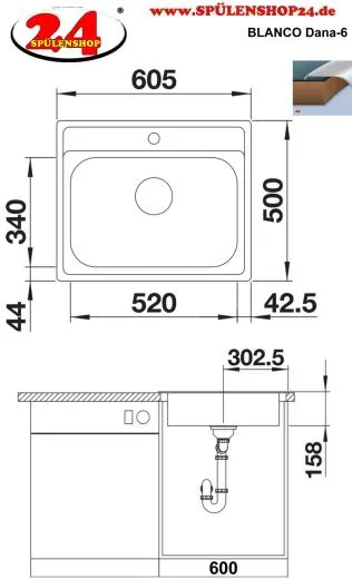 BLANCO Kchensple Dana 6 Einbausple / Edelstahlsple mit Hahnlochbank Siebkorb als Stopfenventil