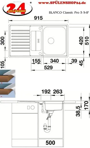 BLANCO Kchensple Classic Pro 5 S-IF Edelstahlsple / Einbausple Flachrand mit Ablaufsystem InFino und Drehknopfventil