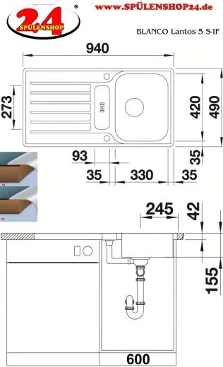 BLANCO Kchensple Lantos 5 S-IF Edelstahlsple / Einbausple Flachrand mit Siebkorb als Drehknopfventil