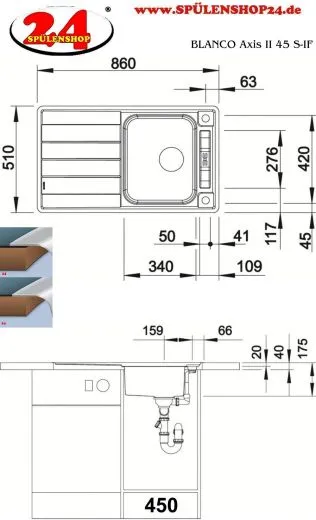 BLANCO Kchensple Axis III 45 S-IF Edelstahlsple / Einbausple Flachrand mit Ablaufsystem InFino und Drehknopfventil