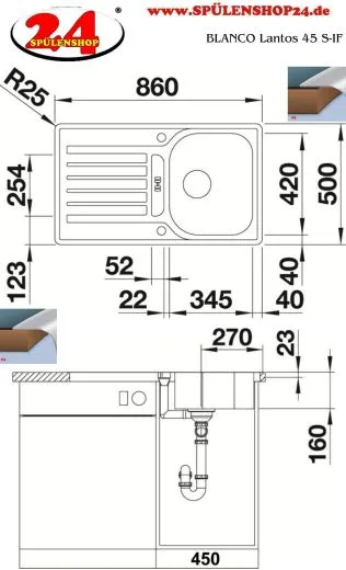 BLANCO Kchensple Lantos 45 S-IF Edelstahlsple / Einbausple Flachrand mit Siebkorb als Drehknopfventil