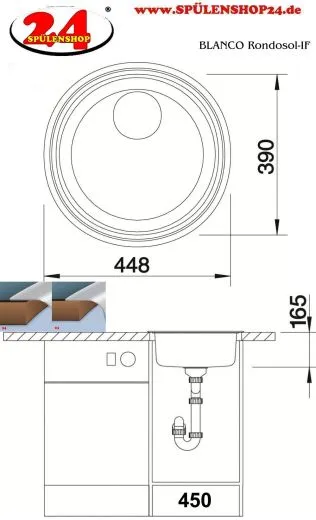 BLANCO Kchensple Rondosol-IF Edelstahlsple / Rundbecken Flachrand mit Siebkorb als Stopfenventil Handbettigung